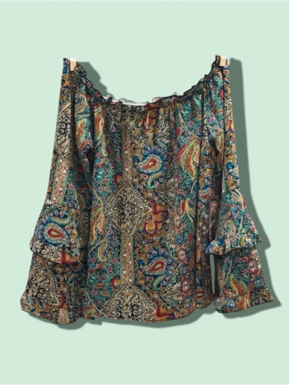 Bohemian Green Paisley Off-Shoulder Blouse – Size Medium
